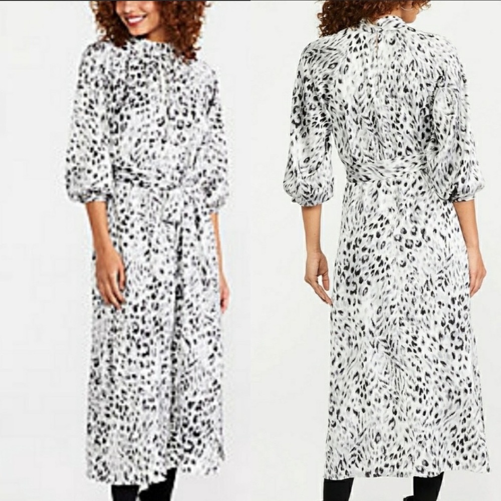 Ann Taylor Snow Leopard Print Tie Waist Midi Dress Size Medium